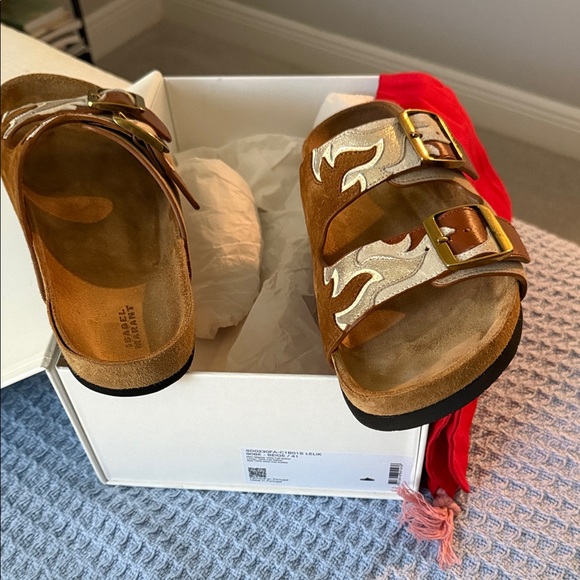 Isabel Marant Tan Suede Sandals with Silver and Gold Buckles - Picture 4 of 4